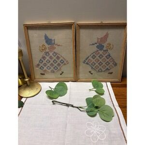 Vintage Colonial Girl Cross Stitch Pair, Framed Cottagecore Gallery Wall Art